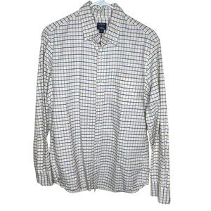 J.Crew Flex Oxford Plaid Button-Up Shirt Mens Sz M Cotton Beige Blue Pocket